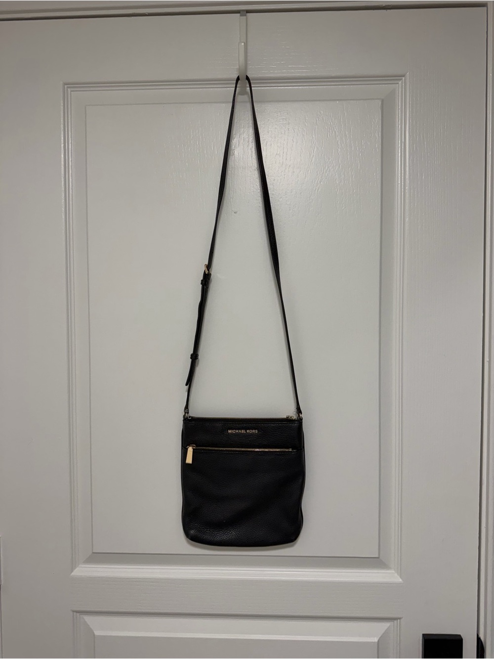 Michael Kors Black Pebbled Leather Messenger Crossbody with Gold Hardware